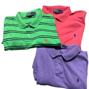 Polo Ralph Lauren Men XL Bundle 3 Polo Shirts Green Stripe Pink Purple Cotton